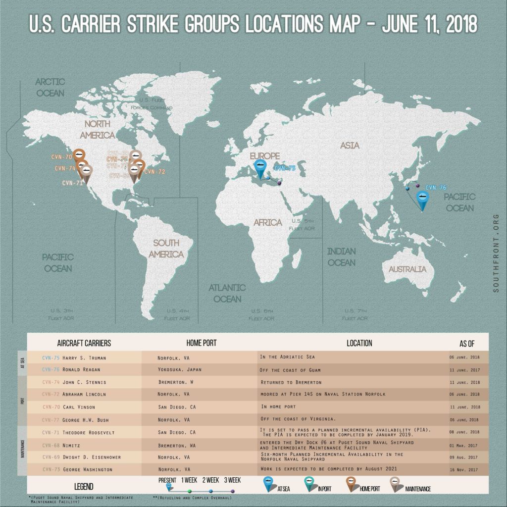 US Carrier Strike Groups Locations Map – June 11, 2018