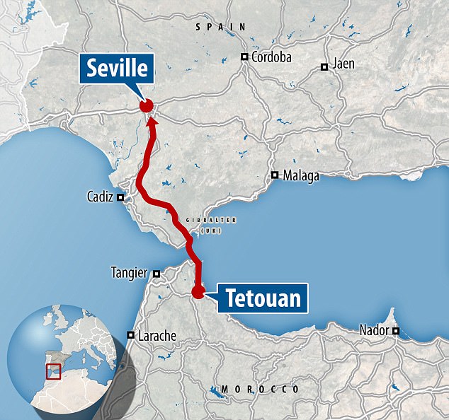 Incredibly, the boy, who was wearing a dirtied white t-shirt, was unhurt after his ordeal having held himself in position under the vehicle for the entire journey from Tetouan, near Tangier in Morocco