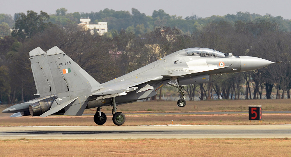 A Sukhoi Su-30MKI combat aircraft of the Indian Air Force takes off during an aerial display at Yelahanka Air Force Station on the inaugural day of the 11th edition of 