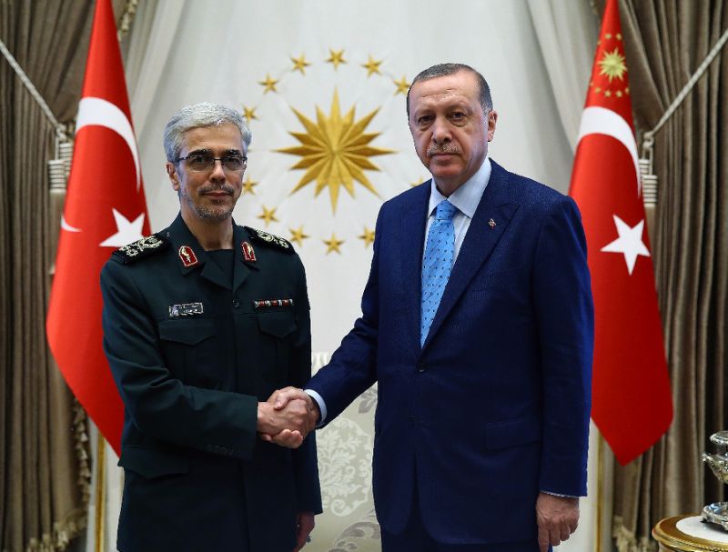 Iranian armed forces chief of staff General Mohammad Hossein Bagheri with Turkey&#39;s President Recep Tayyip Erdogan in Ankara on August 16, 2017