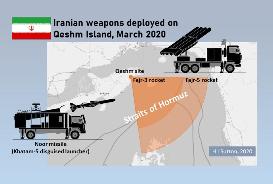 Iranian Noor anti-ship missile and Fajr MLRS deployed on Qeshm Island, March 2020