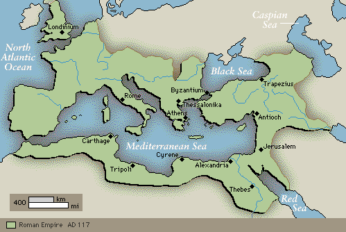 מפת האימפריה הרומית בשיא התפשטותה - העת העתיקה-האימפריה הרומית