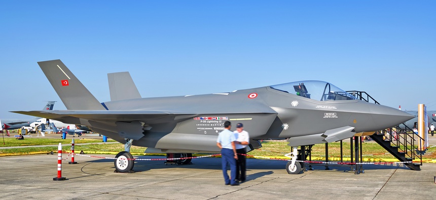 This 2011 photo shows a full-scale mockup of an F-35 jet in Turkish Air Force livery at Izmir, Turkey.