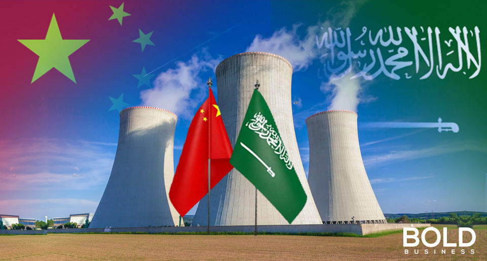 a photo of Saudi Arabia and China's flags in front of a nuclear reactor plant amid the question of Saudi Arabia Pursuing Nuclear Weapons or not